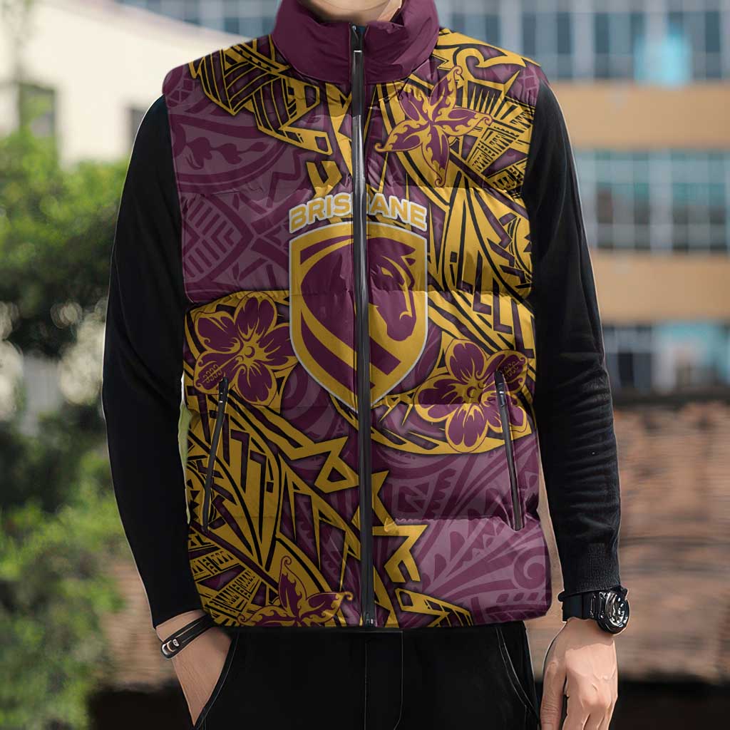 Personalised Brisbane Broncos Sleeveless Puffer Jacket Polynesian Tribal Pattern With Rugby Horse Mascot Art