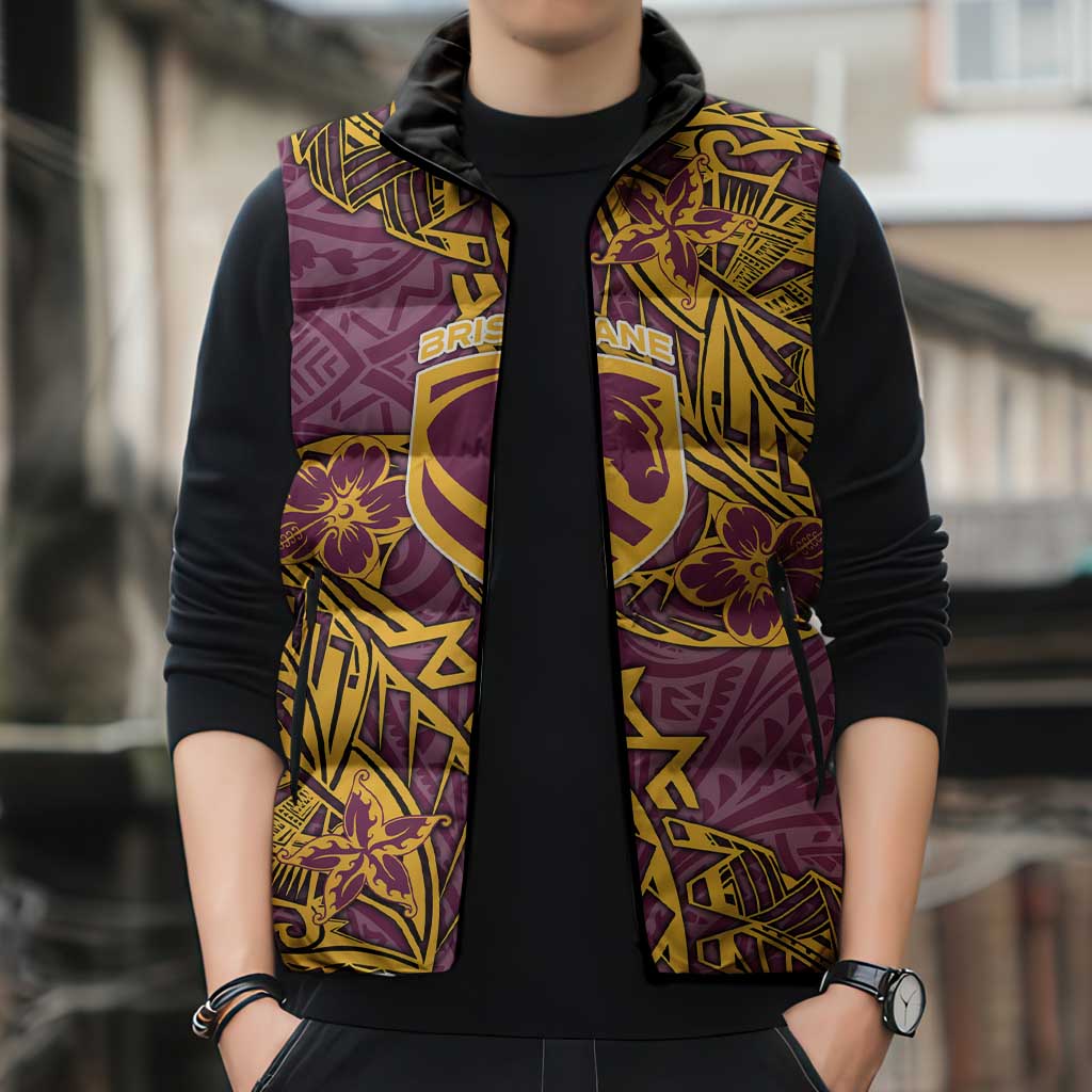 Personalised Brisbane Broncos Sleeveless Puffer Jacket Polynesian Tribal Pattern With Rugby Horse Mascot Art
