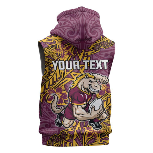 Personalised Brisbane Broncos Sleeveless Zip Hoodie Polynesian Tribal Pattern With Rugby Horse Mascot Art