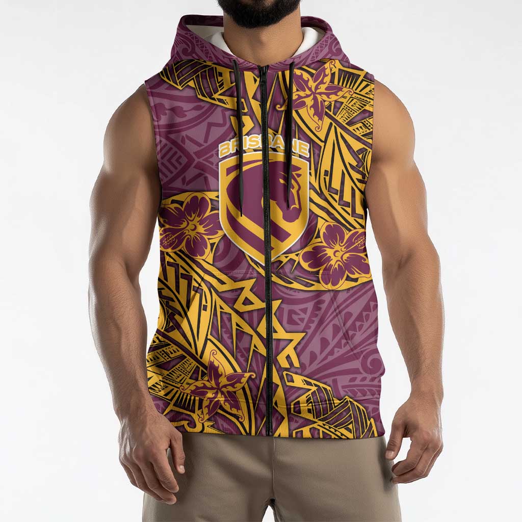 Personalised Brisbane Broncos Sleeveless Zip Hoodie Polynesian Tribal Pattern With Rugby Horse Mascot Art