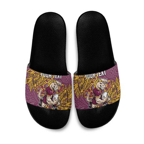 Personalised Brisbane Broncos Slide Sandals Polynesian Tribal Pattern With Rugby Horse Mascot Art