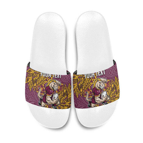 Personalised Brisbane Broncos Slide Sandals Polynesian Tribal Pattern With Rugby Horse Mascot Art