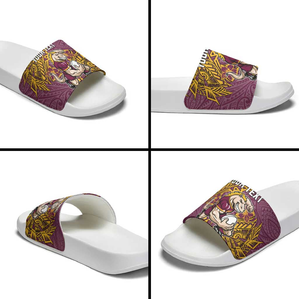 Personalised Brisbane Broncos Slide Sandals Polynesian Tribal Pattern With Rugby Horse Mascot Art