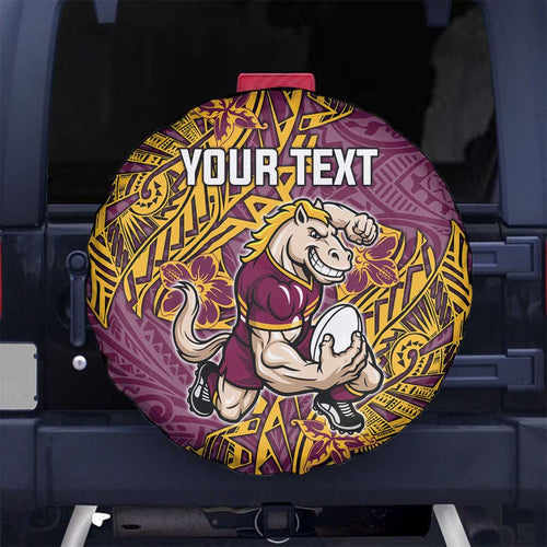 Personalised Brisbane Broncos Spare Tire Cover Polynesian Tribal Pattern With Rugby Horse Mascot Art