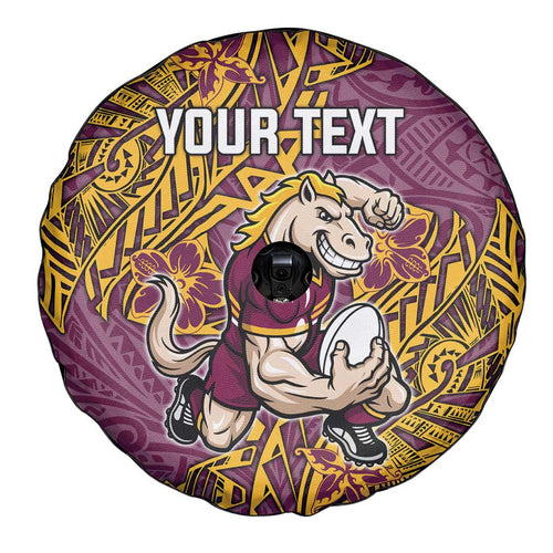 Personalised Brisbane Broncos Spare Tire Cover Polynesian Tribal Pattern With Rugby Horse Mascot Art
