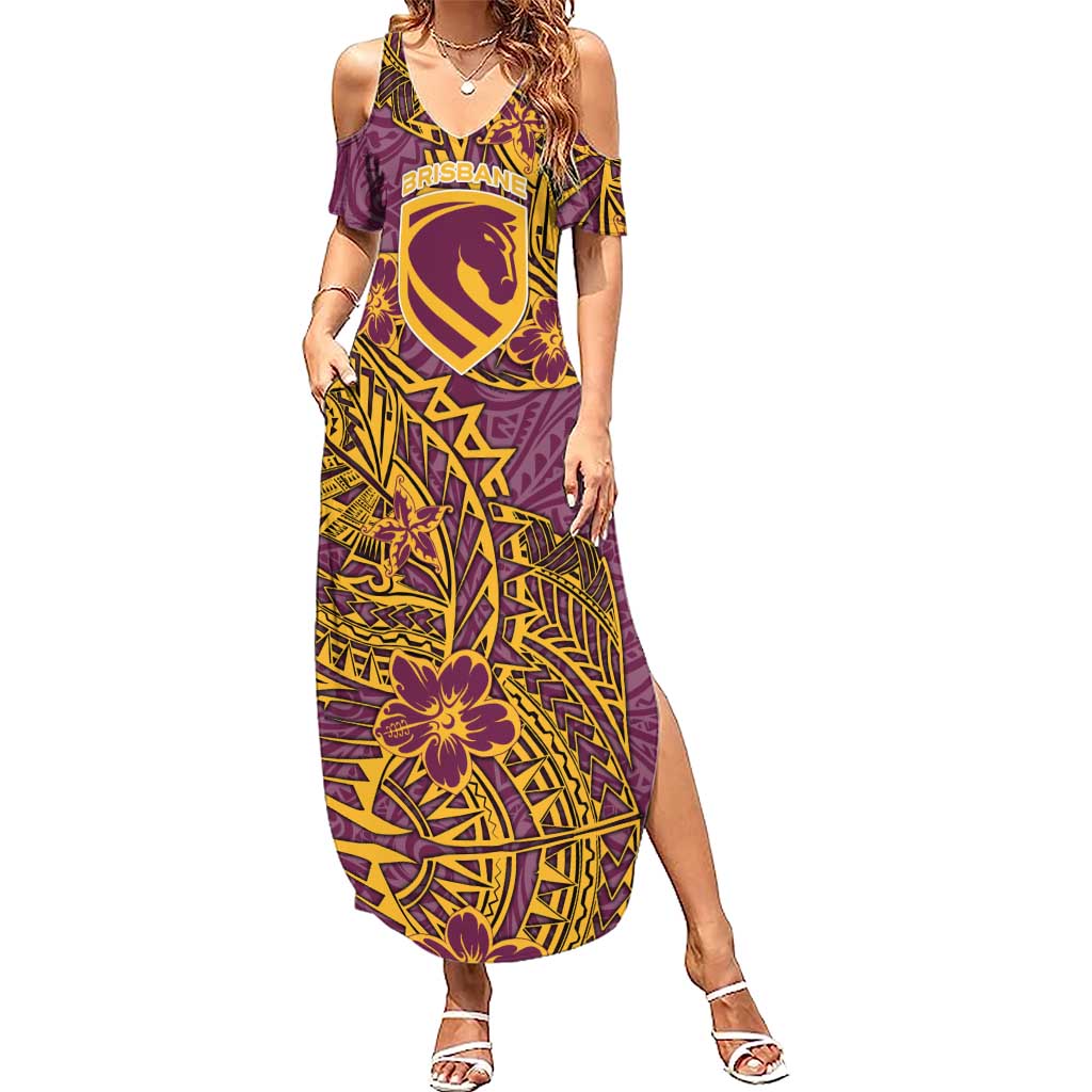 Personalised Brisbane Broncos Summer Maxi Dress Polynesian Tribal Pattern With Rugby Horse Mascot Art