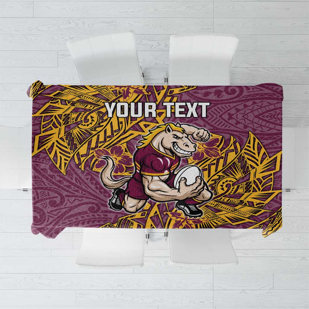 Personalised Brisbane Broncos Tablecloth Polynesian Tribal Pattern With Rugby Horse Mascot Art