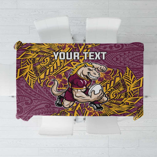 Personalised Brisbane Broncos Tablecloth Polynesian Tribal Pattern With Rugby Horse Mascot Art
