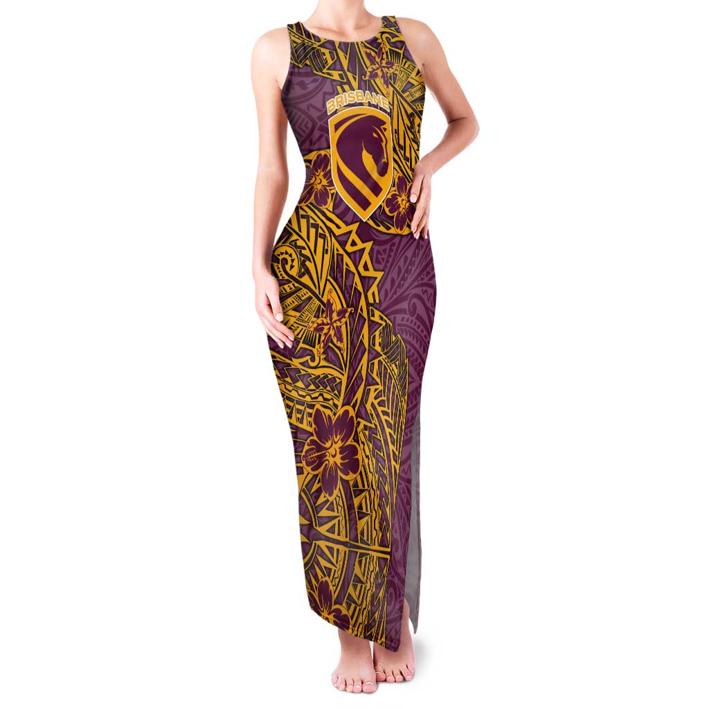 Personalised Brisbane Broncos Tank Maxi Dress Polynesian Tribal Pattern With Rugby Horse Mascot Art