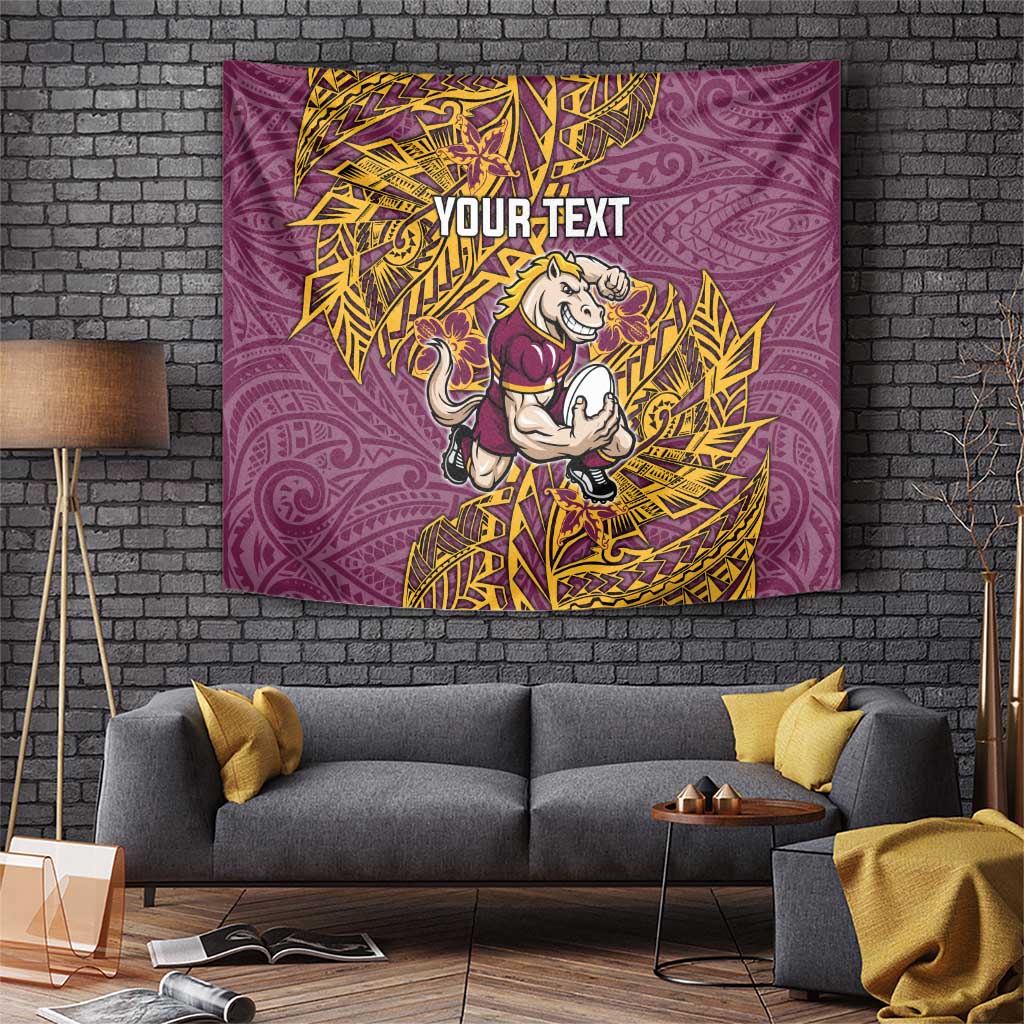 Personalised Brisbane Broncos Tapestry Polynesian Tribal Pattern With Rugby Horse Mascot Art