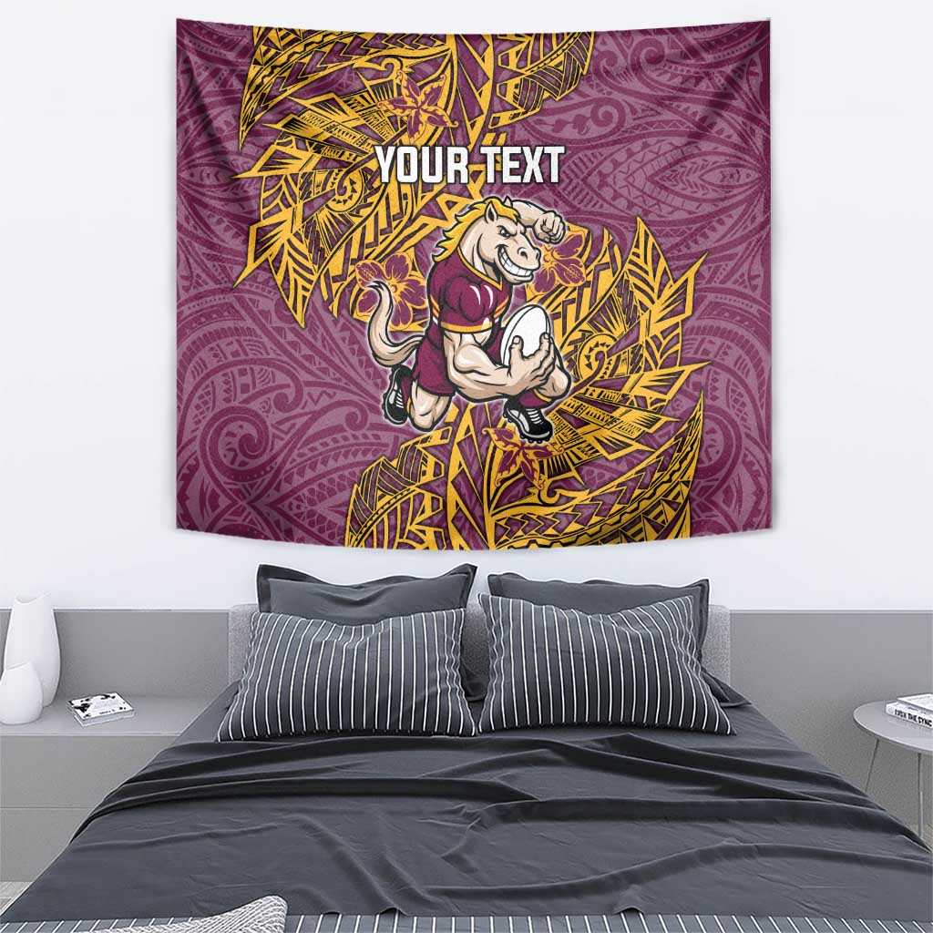 Personalised Brisbane Broncos Tapestry Polynesian Tribal Pattern With Rugby Horse Mascot Art