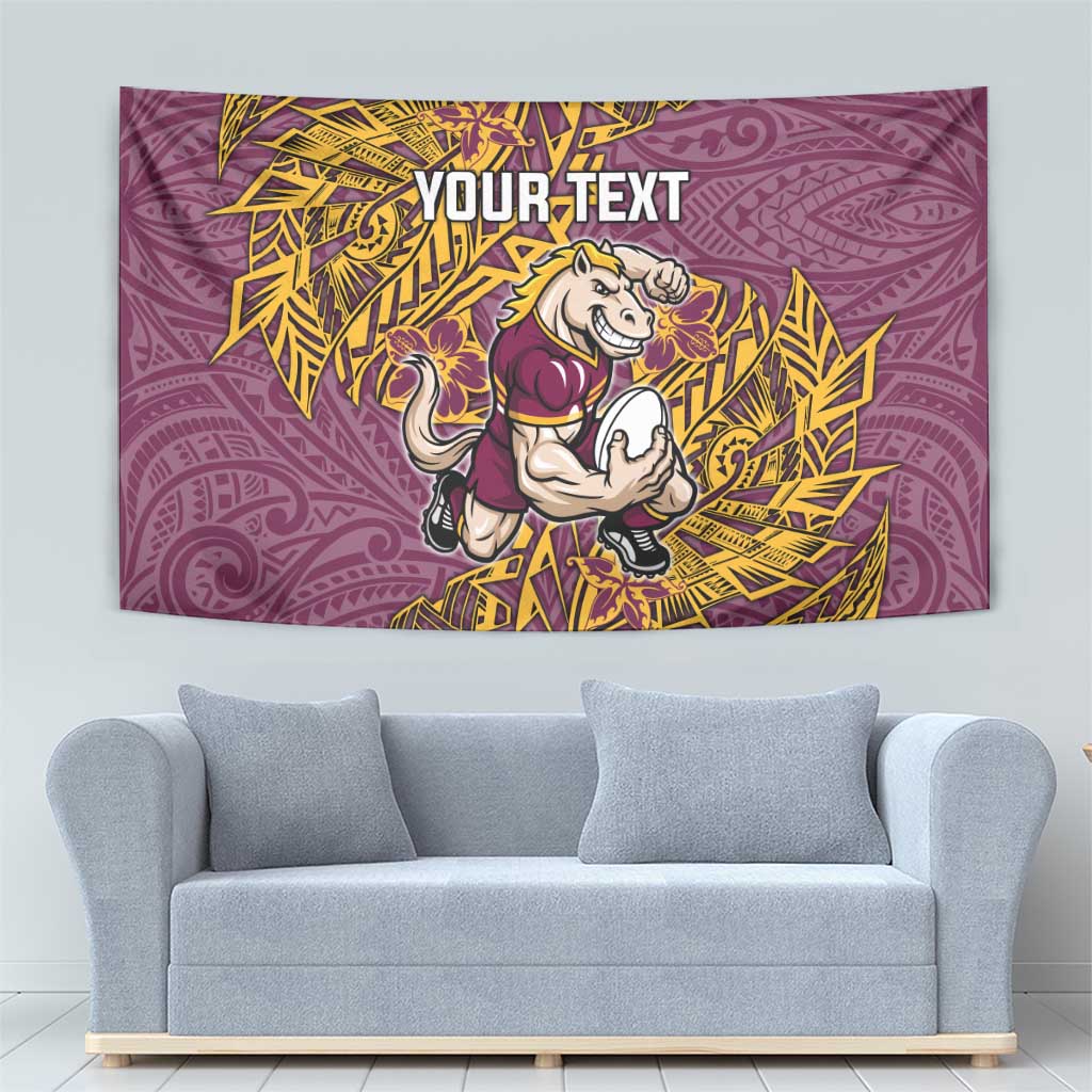 Personalised Brisbane Broncos Tapestry Polynesian Tribal Pattern With Rugby Horse Mascot Art