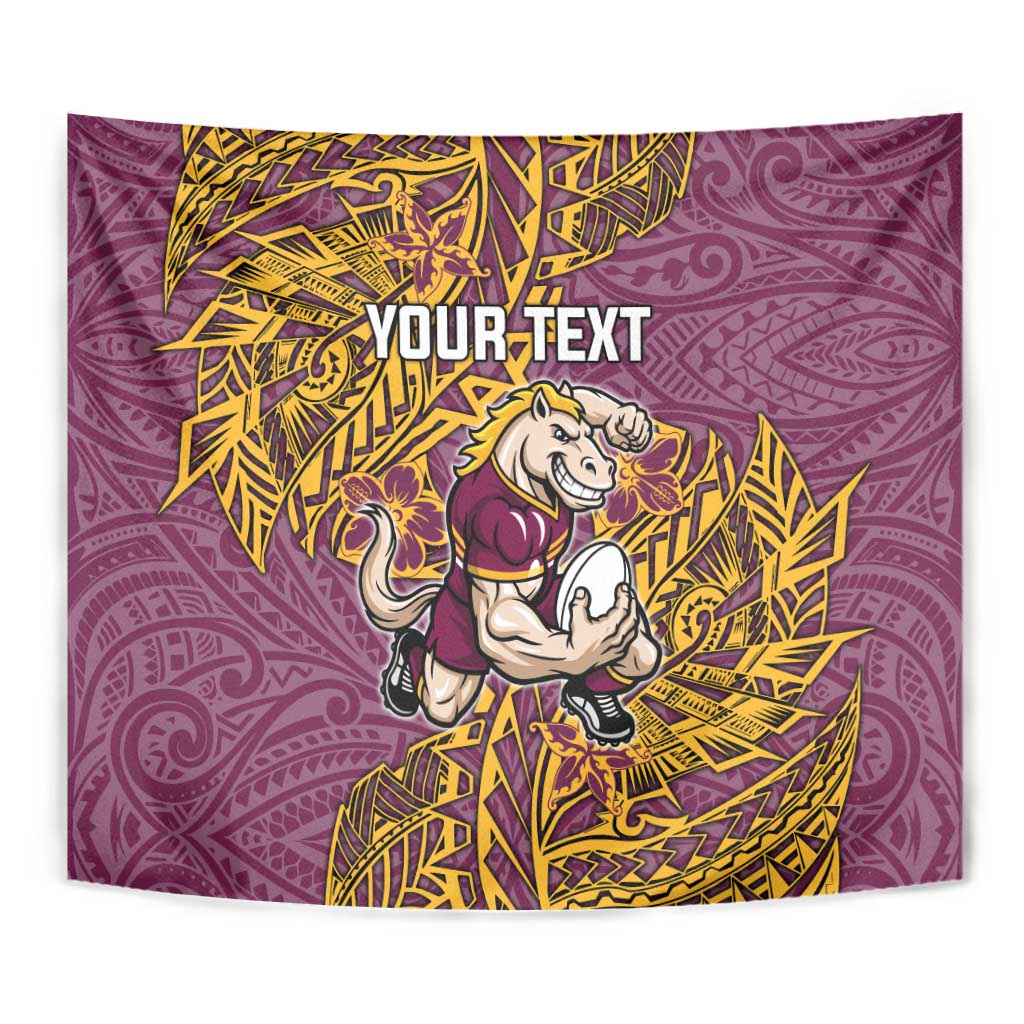 Personalised Brisbane Broncos Tapestry Polynesian Tribal Pattern With Rugby Horse Mascot Art