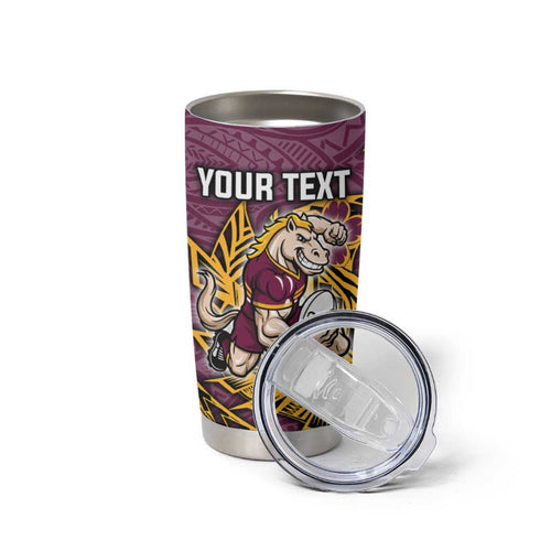 Personalised Brisbane Broncos Tumbler Cup Polynesian Tribal Pattern With Rugby Horse Mascot Art
