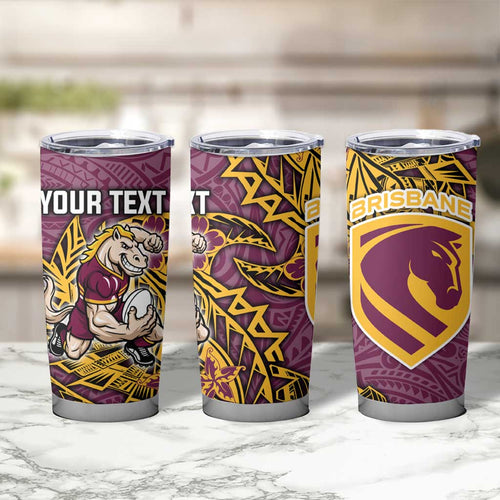 Personalised Brisbane Broncos Tumbler Cup Polynesian Tribal Pattern With Rugby Horse Mascot Art
