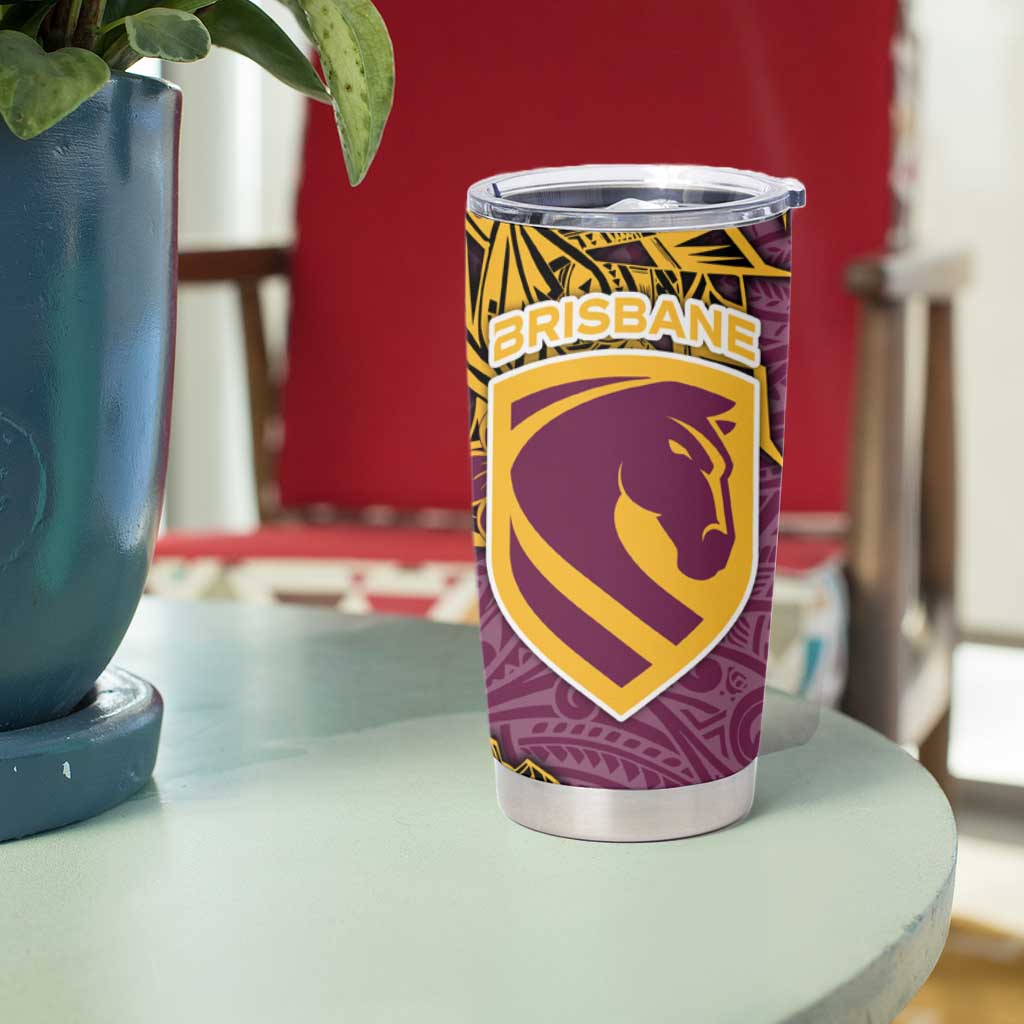 Personalised Brisbane Broncos Tumbler Cup Polynesian Tribal Pattern With Rugby Horse Mascot Art