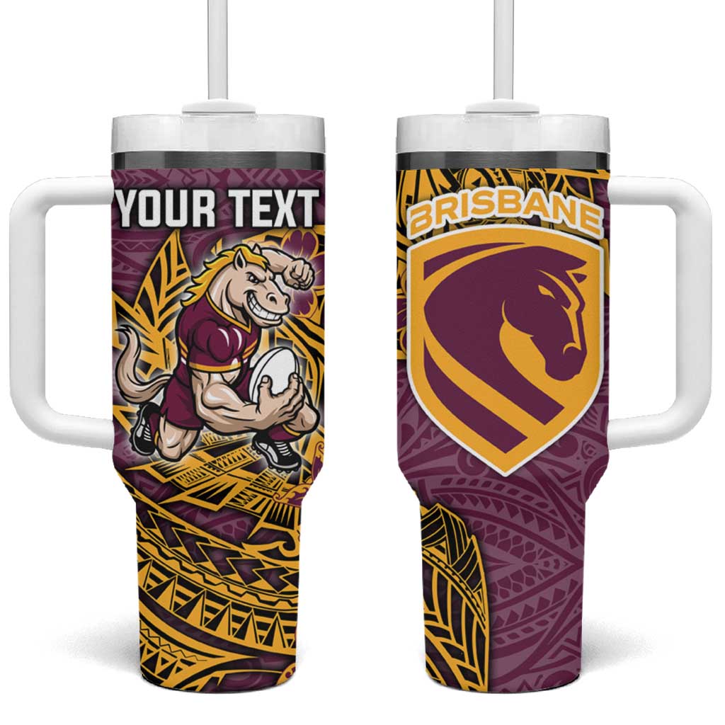 Personalised Brisbane Broncos Tumbler With Handle Polynesian Tribal Pattern With Rugby Horse Mascot Art