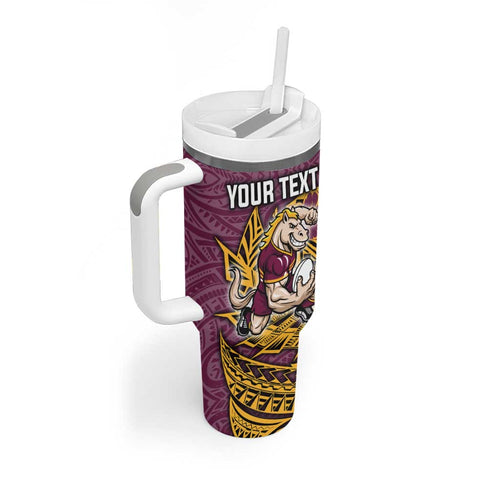 Personalised Brisbane Broncos Tumbler With Handle Polynesian Tribal Pattern With Rugby Horse Mascot Art