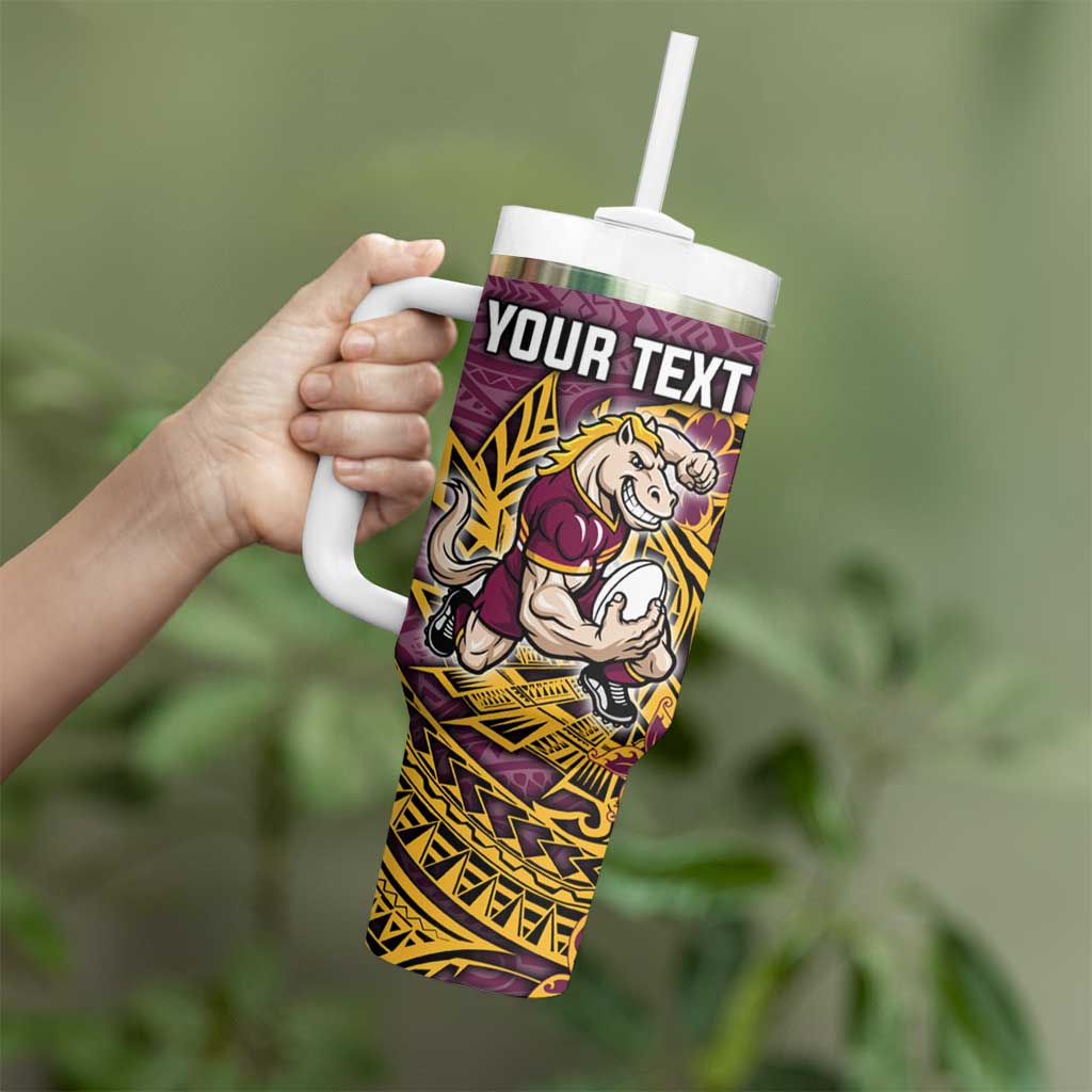 Personalised Brisbane Broncos Tumbler With Handle Polynesian Tribal Pattern With Rugby Horse Mascot Art