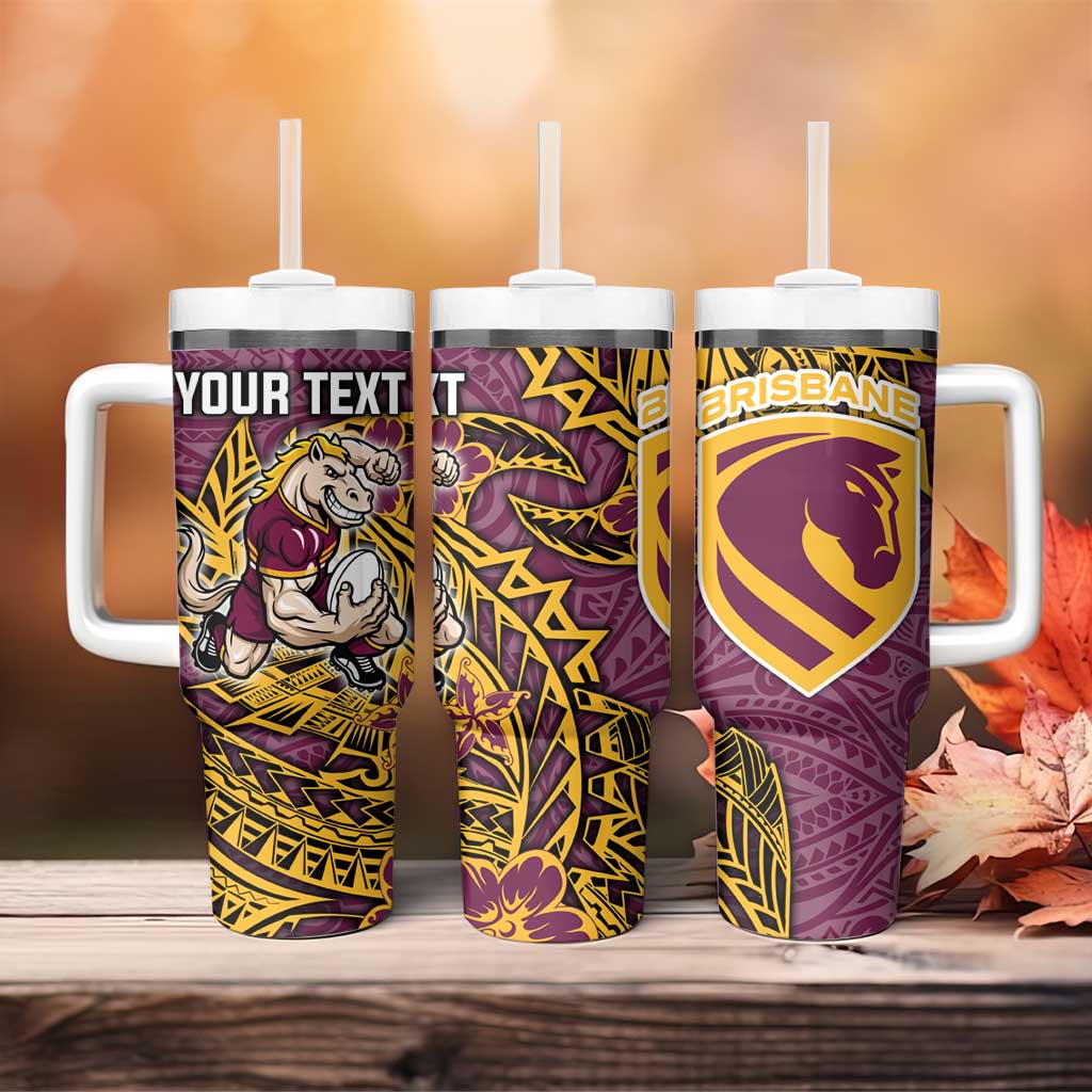 Personalised Brisbane Broncos Tumbler With Handle Polynesian Tribal Pattern With Rugby Horse Mascot Art