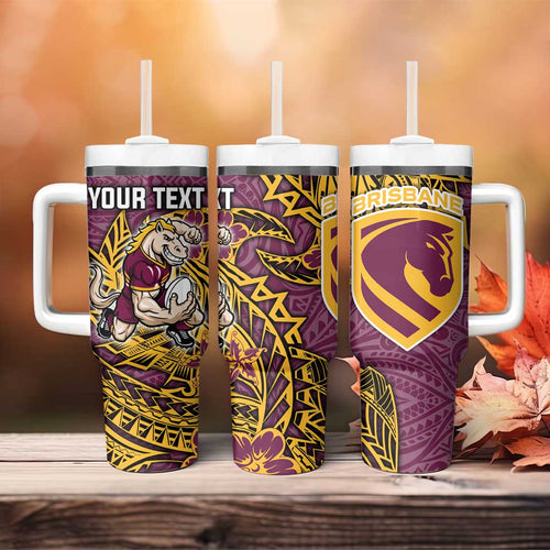 Personalised Brisbane Broncos Tumbler With Handle Polynesian Tribal Pattern With Rugby Horse Mascot Art