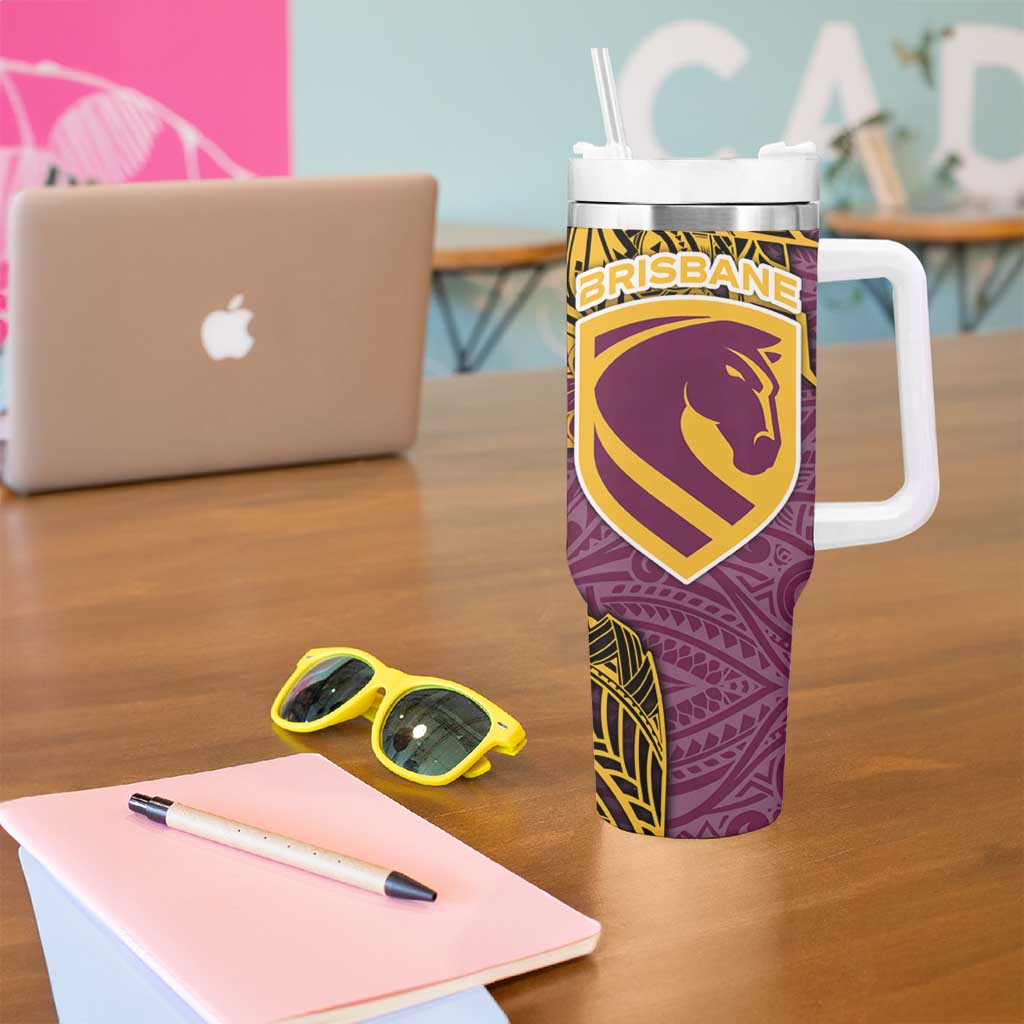 Personalised Brisbane Broncos Tumbler With Handle Polynesian Tribal Pattern With Rugby Horse Mascot Art