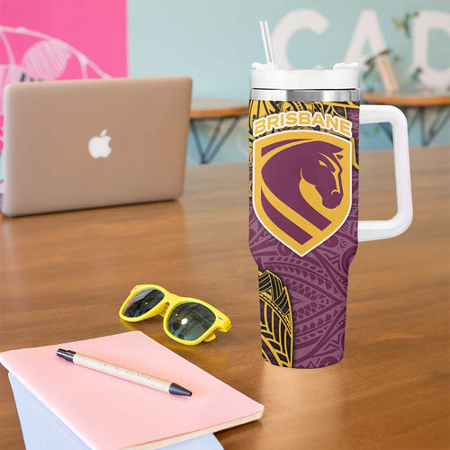 Personalised Brisbane Broncos Tumbler With Handle Polynesian Tribal Pattern With Rugby Horse Mascot Art