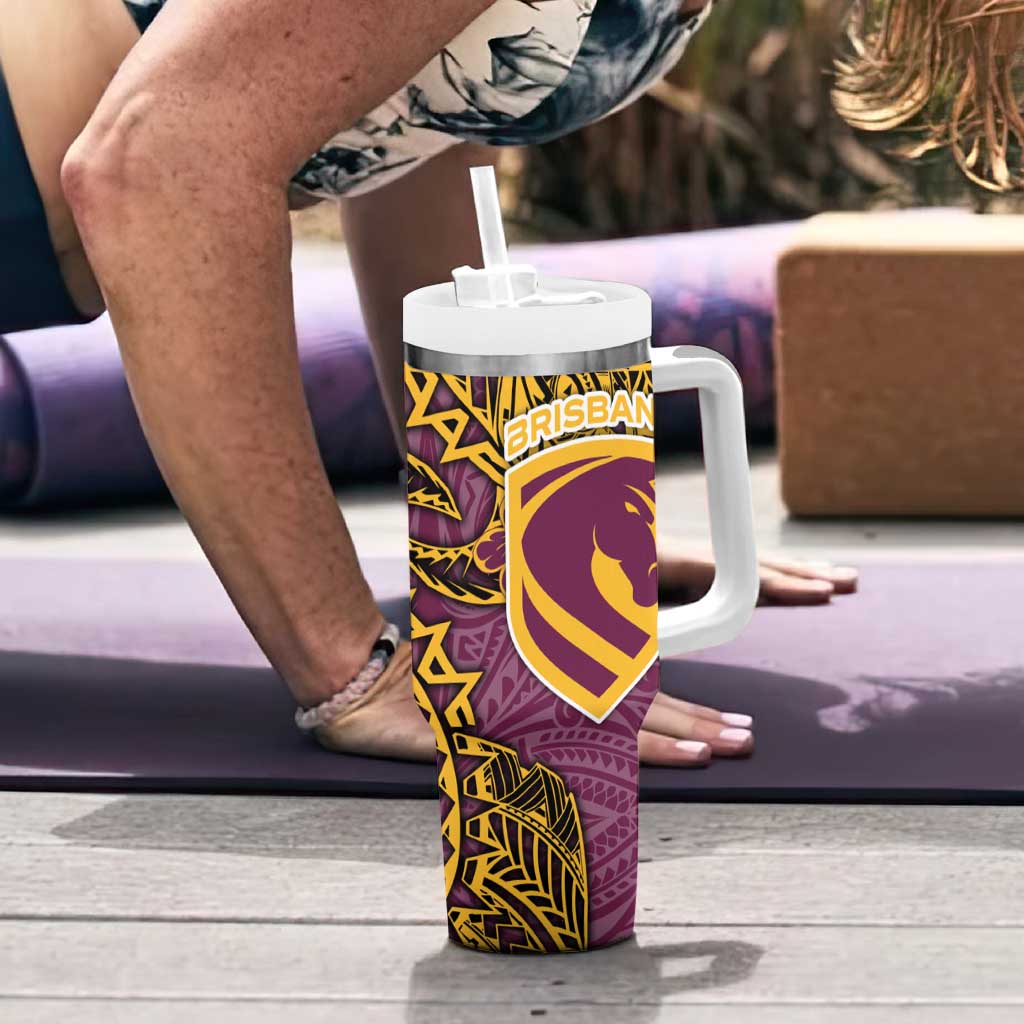 Personalised Brisbane Broncos Tumbler With Handle Polynesian Tribal Pattern With Rugby Horse Mascot Art