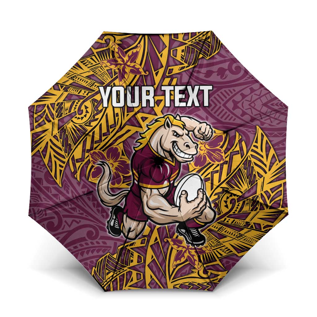 Personalised Brisbane Broncos Umbrella Polynesian Tribal Pattern With Rugby Horse Mascot Art