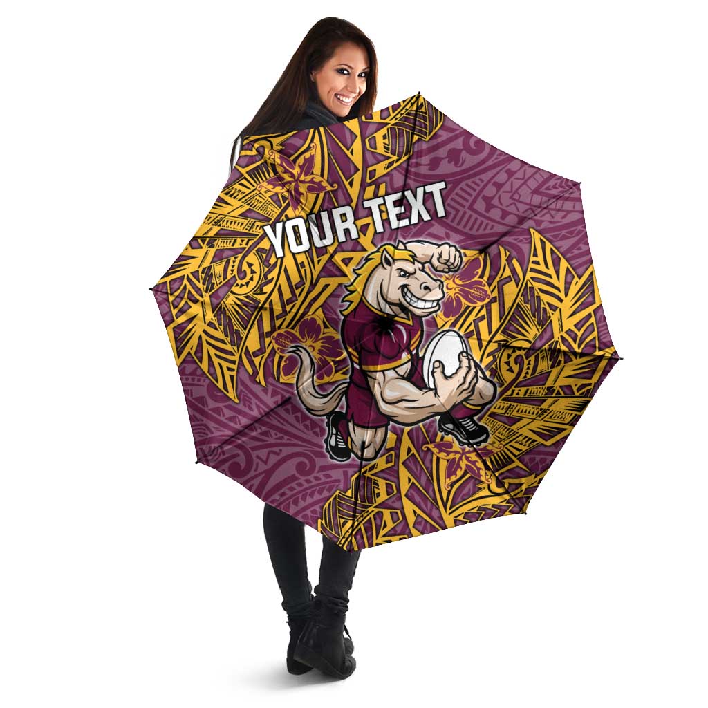Personalised Brisbane Broncos Umbrella Polynesian Tribal Pattern With Rugby Horse Mascot Art