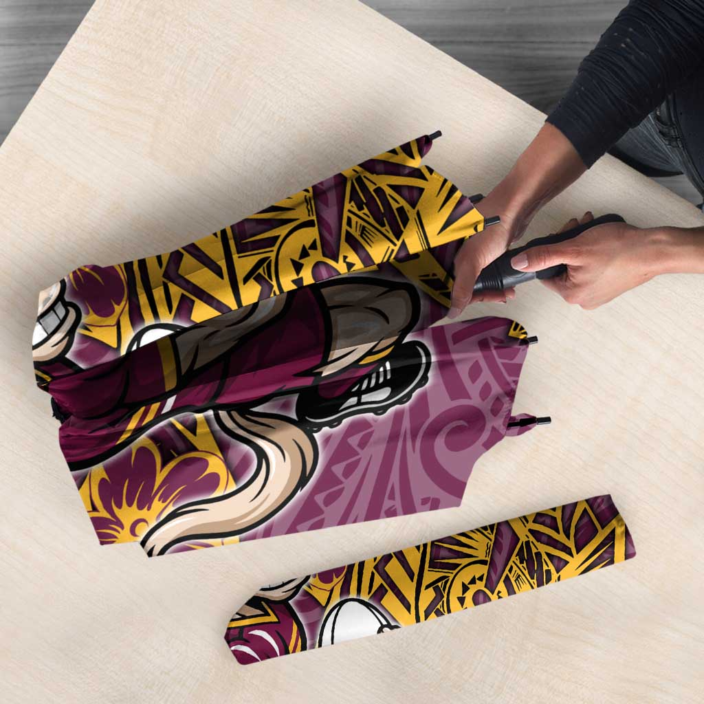Personalised Brisbane Broncos Umbrella Polynesian Tribal Pattern With Rugby Horse Mascot Art