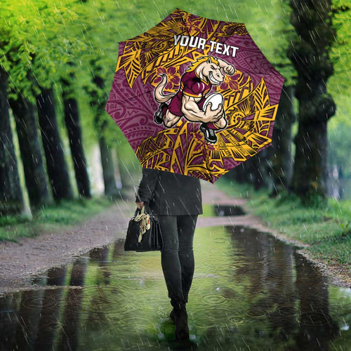 Personalised Brisbane Broncos Umbrella Polynesian Tribal Pattern With Rugby Horse Mascot Art
