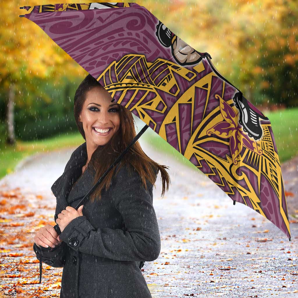 Personalised Brisbane Broncos Umbrella Polynesian Tribal Pattern With Rugby Horse Mascot Art
