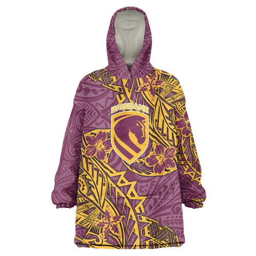 Personalised Brisbane Broncos Wearable Blanket Hoodie Polynesian Tribal Pattern With Rugby Horse Mascot Art
