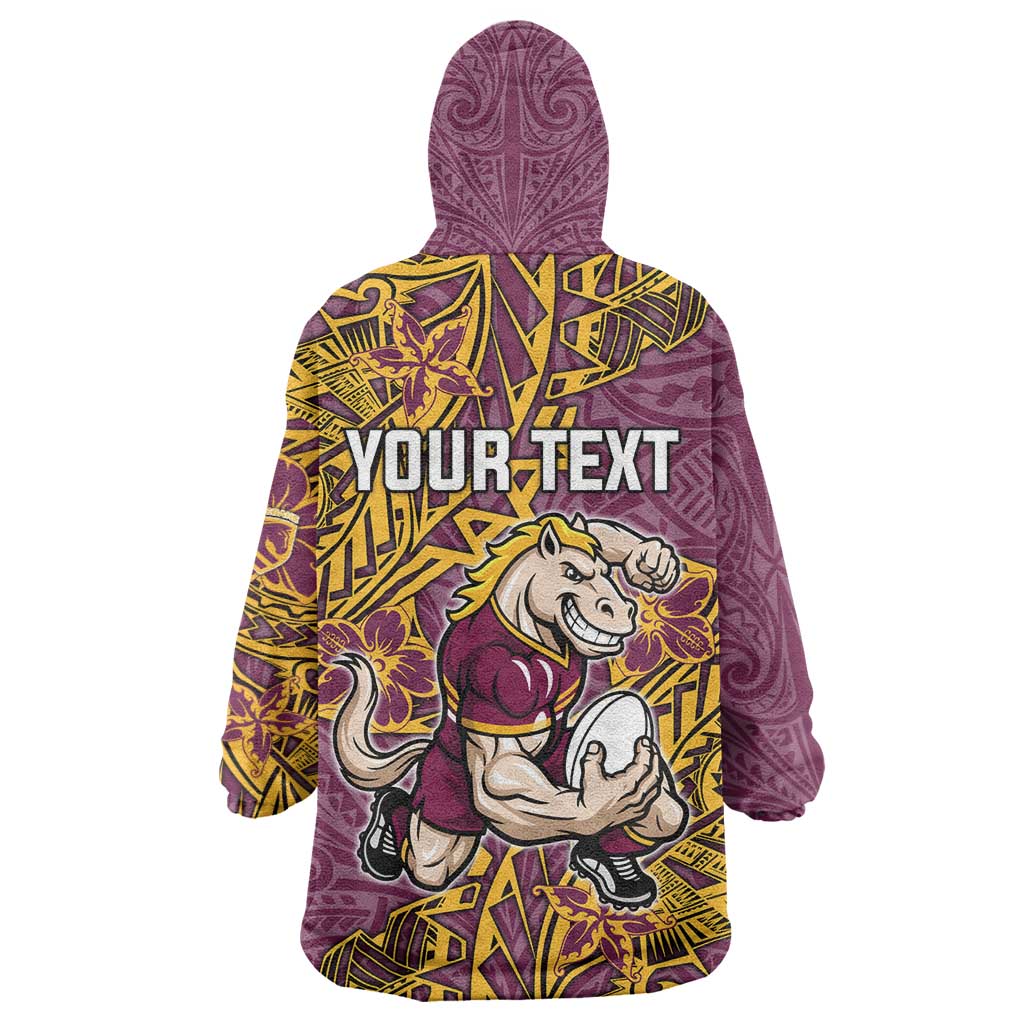 Personalised Brisbane Broncos Wearable Blanket Hoodie Polynesian Tribal Pattern With Rugby Horse Mascot Art