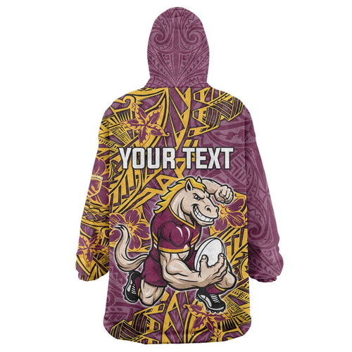 Personalised Brisbane Broncos Wearable Blanket Hoodie Polynesian Tribal Pattern With Rugby Horse Mascot Art