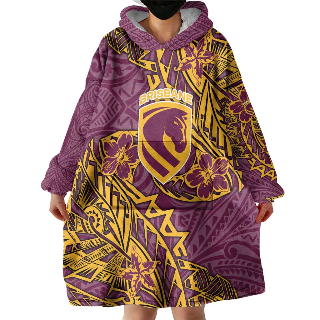 Personalised Brisbane Broncos Wearable Blanket Hoodie Polynesian Tribal Pattern With Rugby Horse Mascot Art