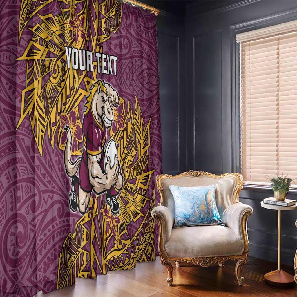 Personalised Brisbane Broncos Window Curtain Polynesian Tribal Pattern With Rugby Horse Mascot Art
