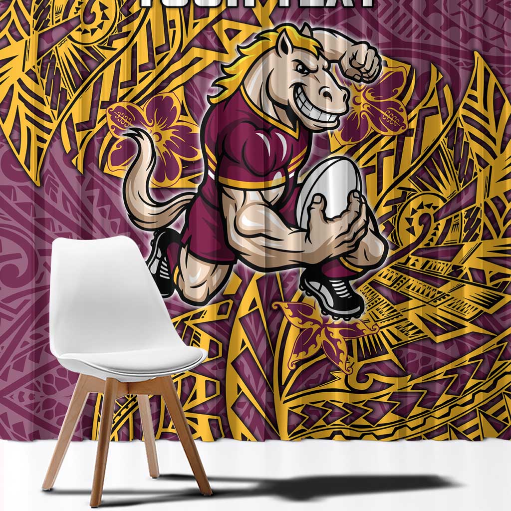 Personalised Brisbane Broncos Window Curtain Polynesian Tribal Pattern With Rugby Horse Mascot Art
