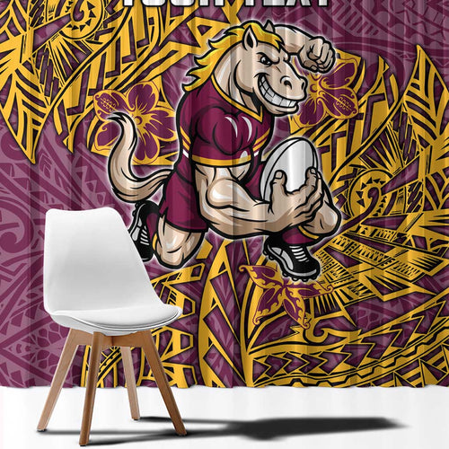 Personalised Brisbane Broncos Window Curtain Polynesian Tribal Pattern With Rugby Horse Mascot Art