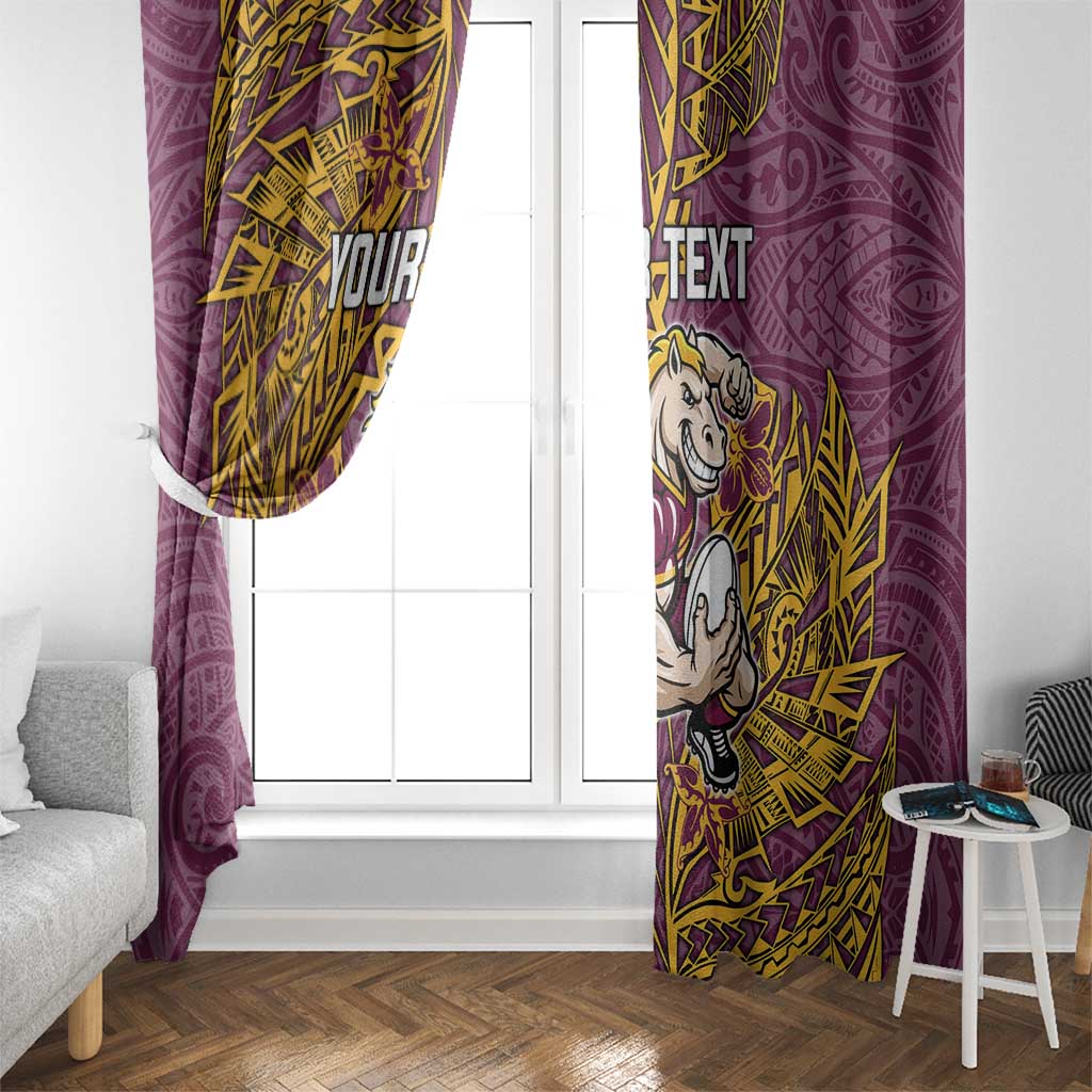 Personalised Brisbane Broncos Window Curtain Polynesian Tribal Pattern With Rugby Horse Mascot Art