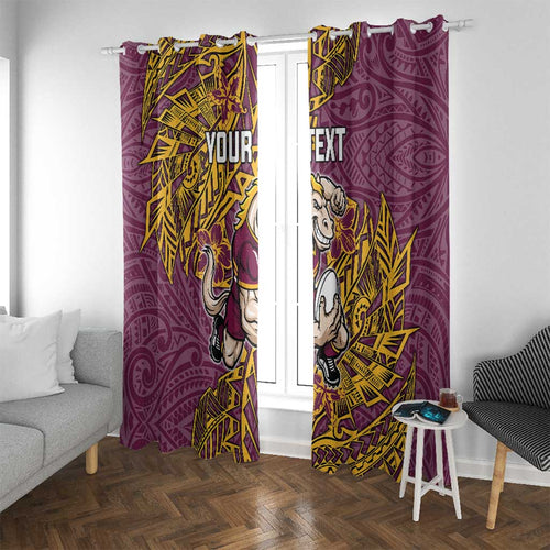 Personalised Brisbane Broncos Window Curtain Polynesian Tribal Pattern With Rugby Horse Mascot Art