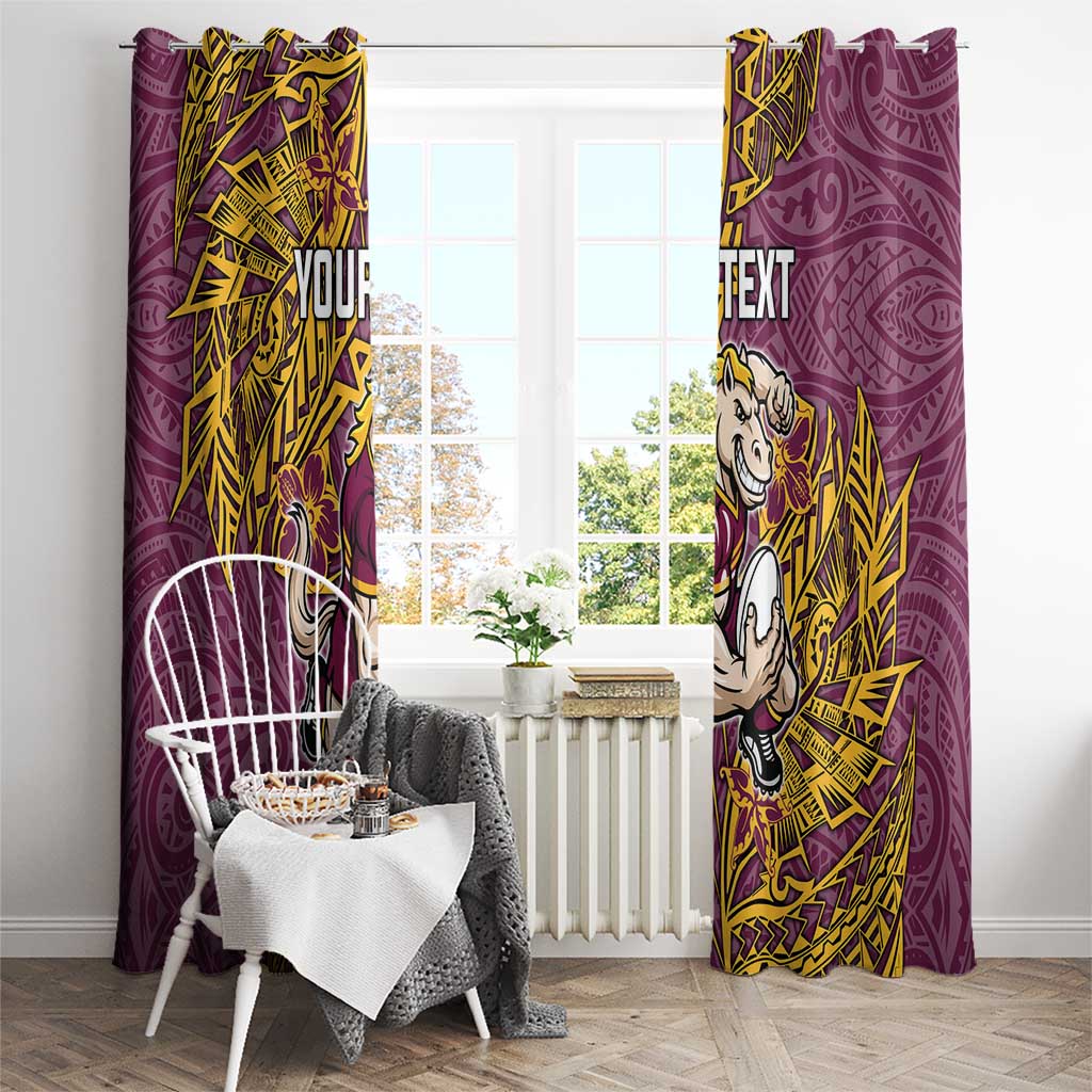 Personalised Brisbane Broncos Window Curtain Polynesian Tribal Pattern With Rugby Horse Mascot Art