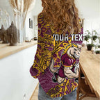 Personalised Brisbane Broncos Women Casual Shirt Polynesian Tribal Pattern With Rugby Horse Mascot Art