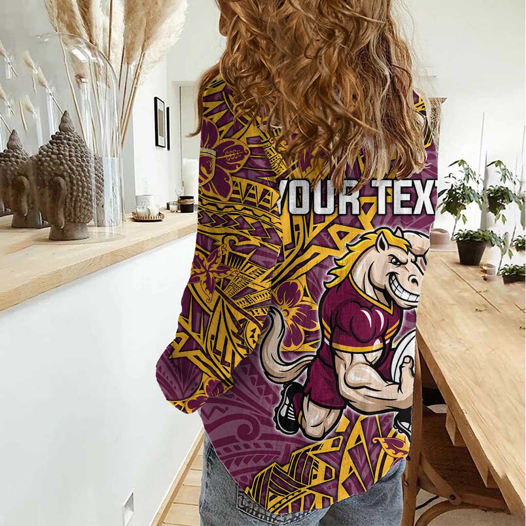 Personalised Brisbane Broncos Women Casual Shirt Polynesian Tribal Pattern With Rugby Horse Mascot Art