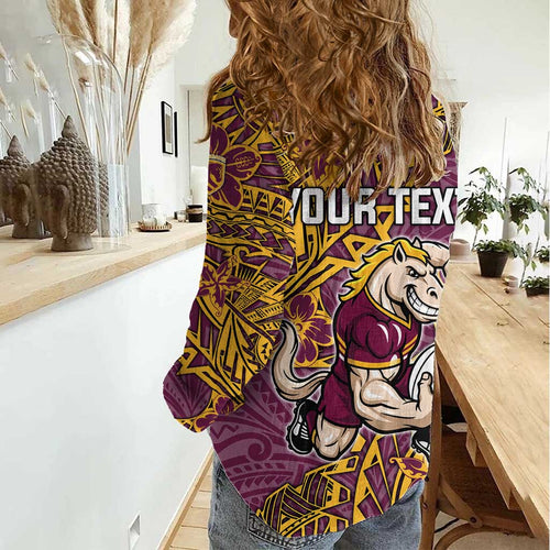 Personalised Brisbane Broncos Women Casual Shirt Polynesian Tribal Pattern With Rugby Horse Mascot Art