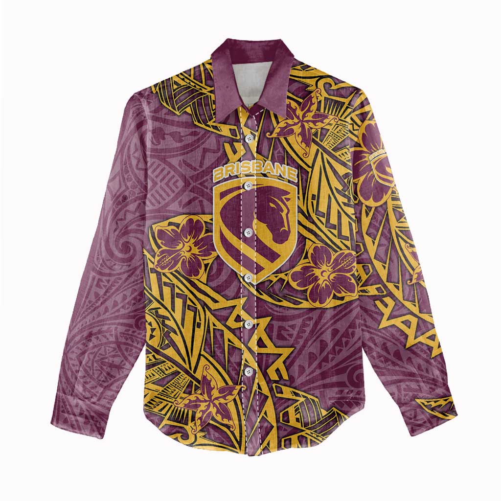 Personalised Brisbane Broncos Women Casual Shirt Polynesian Tribal Pattern With Rugby Horse Mascot Art