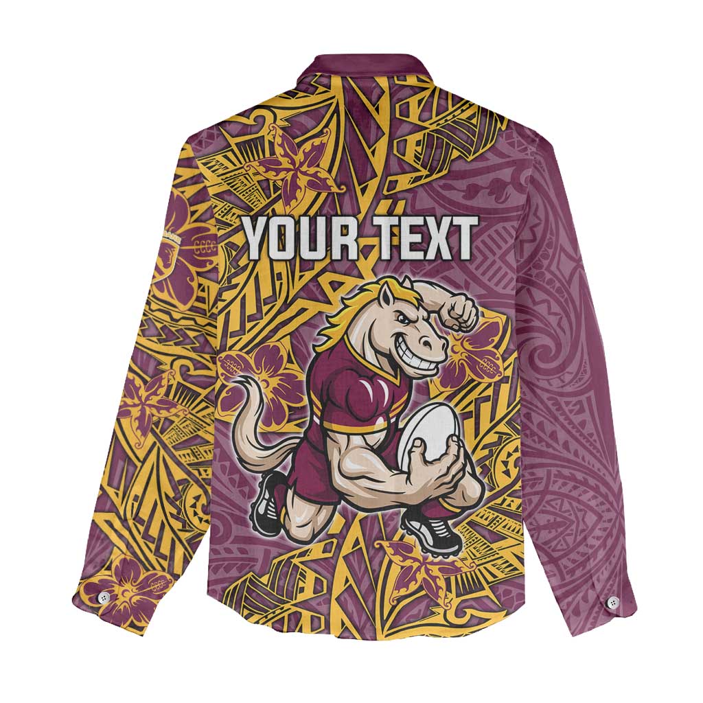 Personalised Brisbane Broncos Women Casual Shirt Polynesian Tribal Pattern With Rugby Horse Mascot Art
