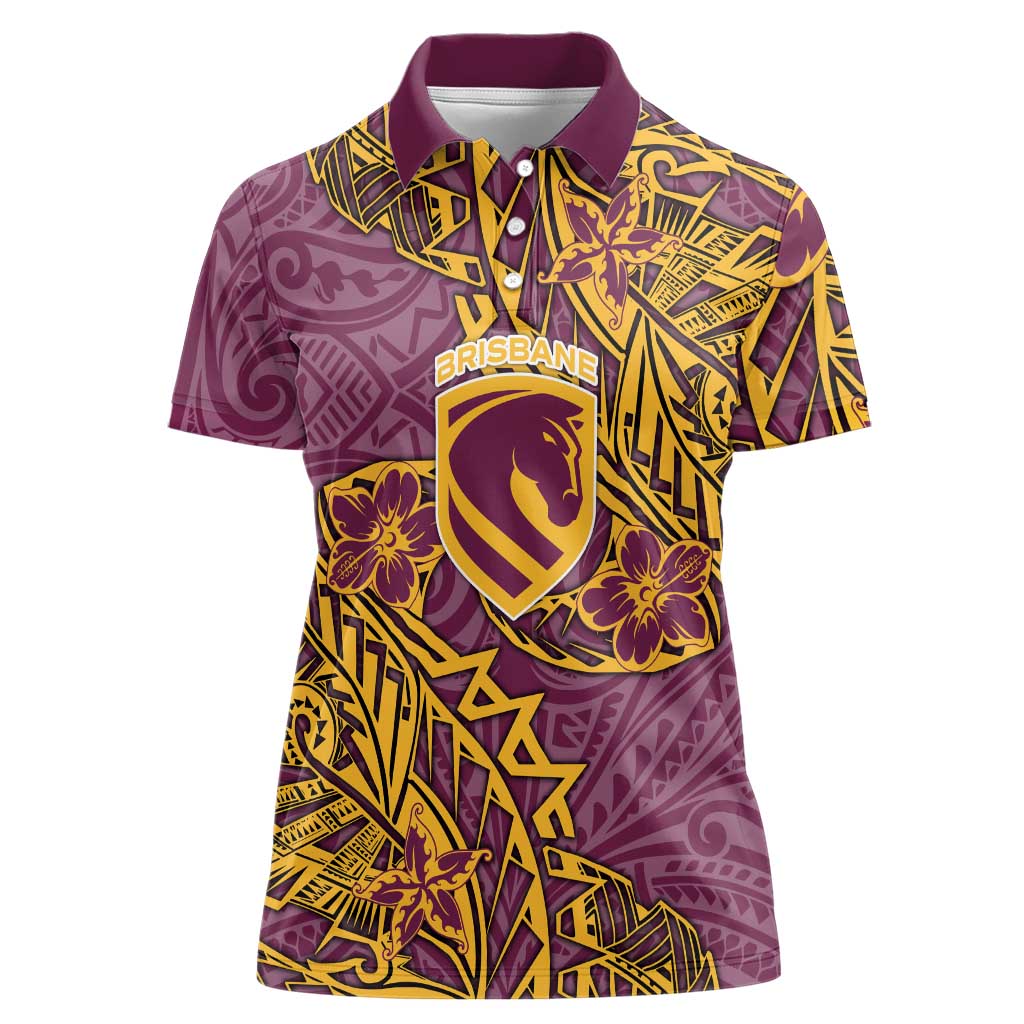 Personalised Brisbane Broncos Women Polo Shirt Polynesian Tribal Pattern With Rugby Horse Mascot Art