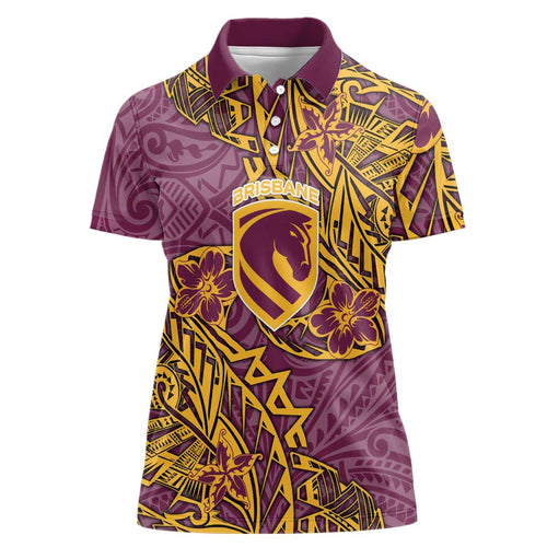 Personalised Brisbane Broncos Women Polo Shirt Polynesian Tribal Pattern With Rugby Horse Mascot Art